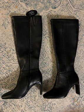 LEATHER Alfani Tristanne Black Knee-High Heeled Boots w/ Step-N-Flex 5M